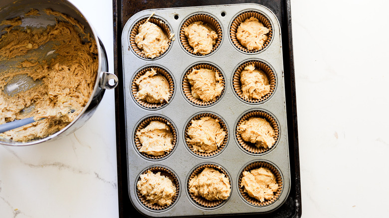 Batter in prepared muffin pan