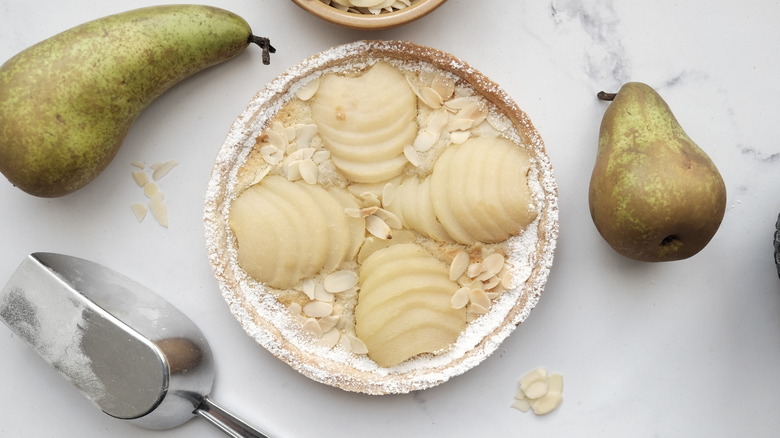 pear almond tart on countertop