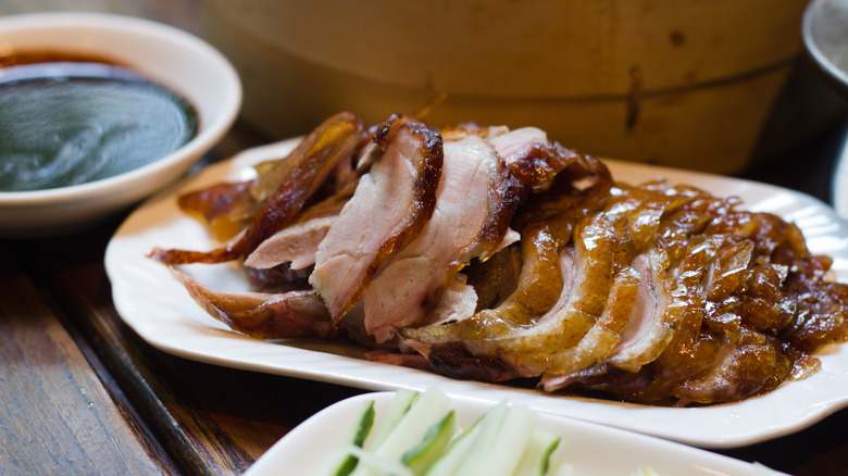 Peking duck sliced on plate