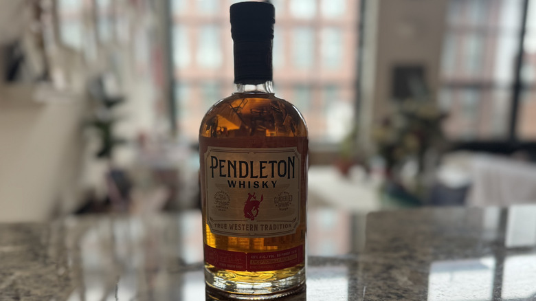 Unopened bottle of Pendleton whisky on counter in daytime lighting