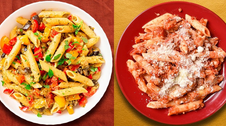 Penne and mostaccioli pasta dishes side-by-side