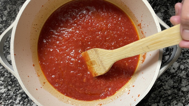 hand stirring tomato sauce