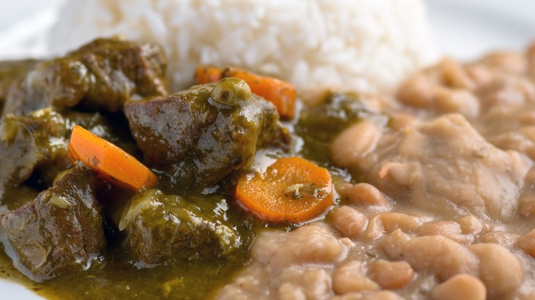 Closeup of a Peruvian meat, rice, and bean dish