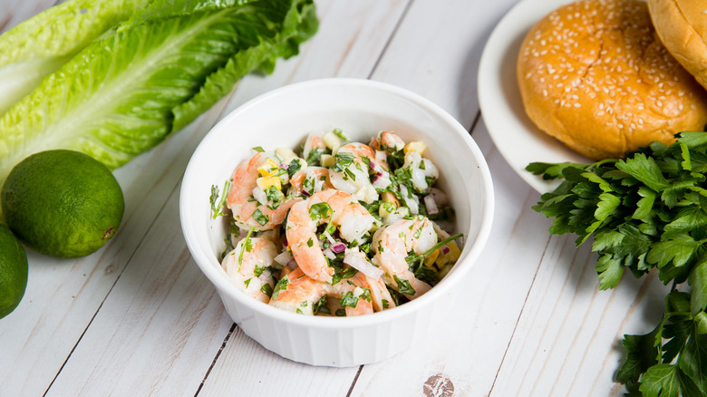 shrimp salad served on table