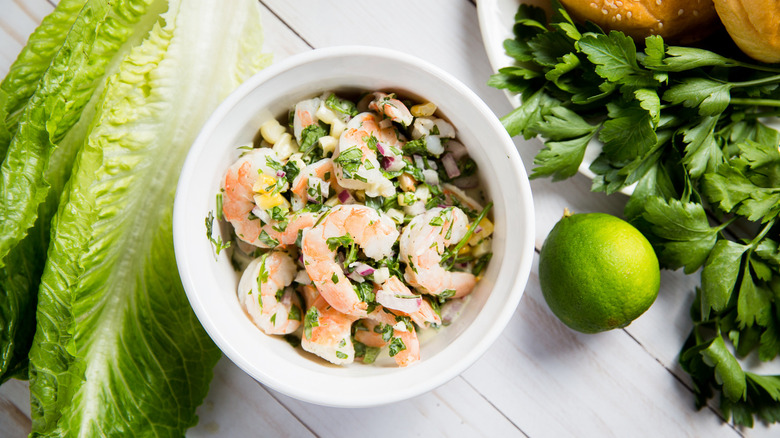 shrimp salad served on table