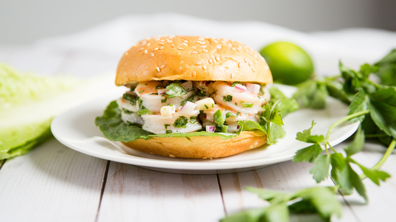 shrimp salad sandwich on plate