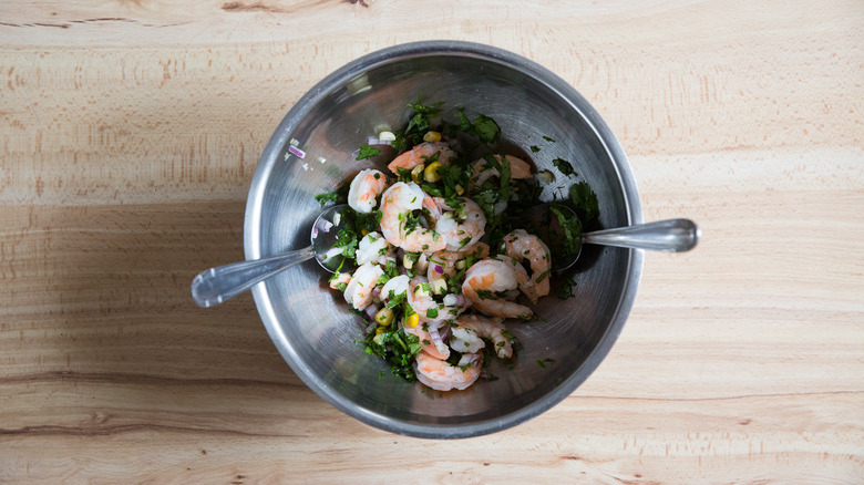 shrimp salad ingredients in bowl