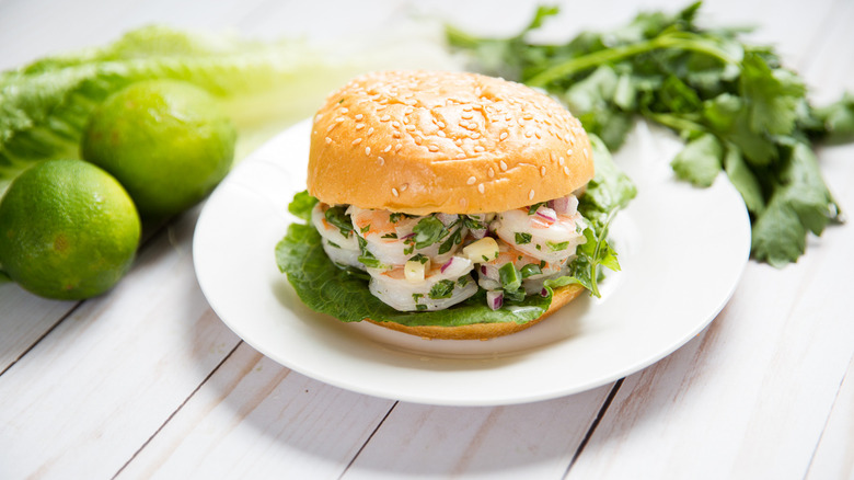 shrimp salad served on bun