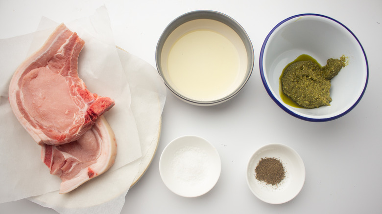 pesto pork chops ingredients on counter 