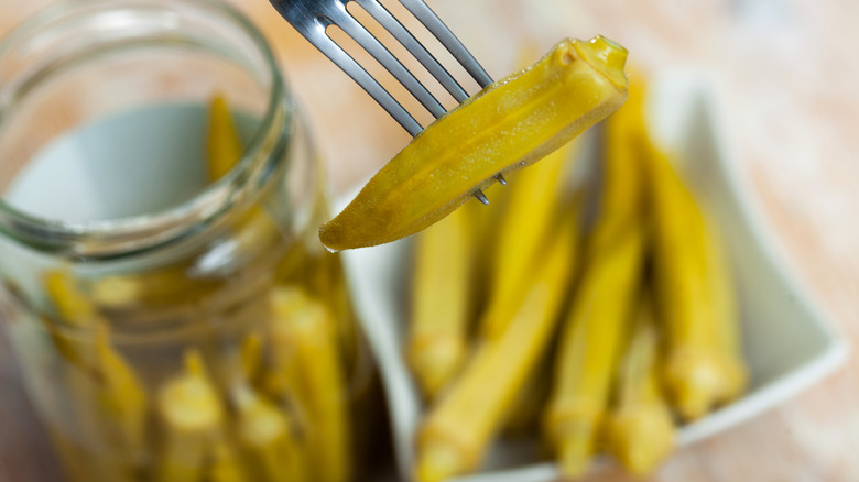 pickled okra on fork