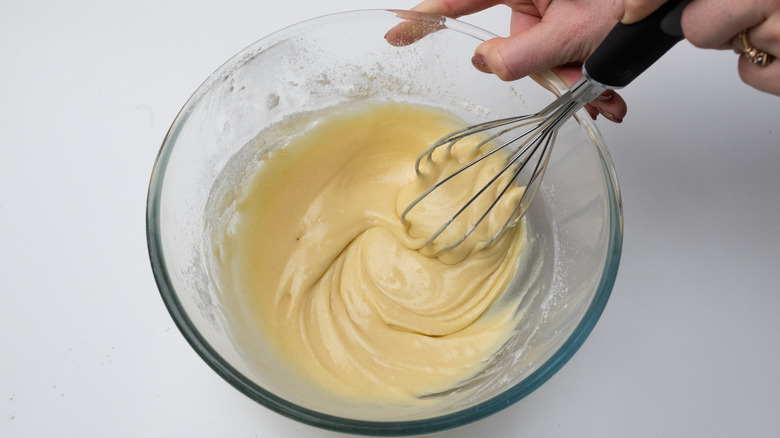 crepe batter in glass bowl 