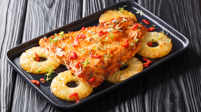 Baked salmon over pineapple rings