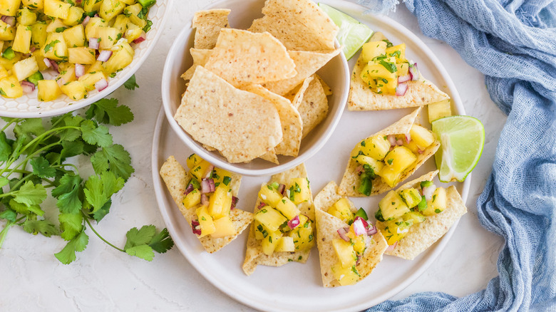 pineapple salsa on tortilla chips 