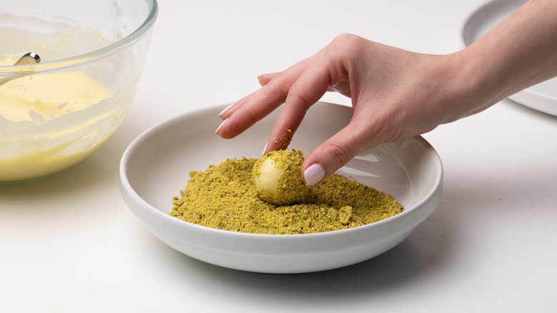 pistachio coating white chocolate truffle