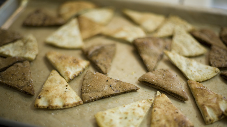 Pita chips on baking tray