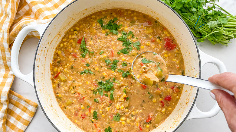 Hand ladling soup out of pot