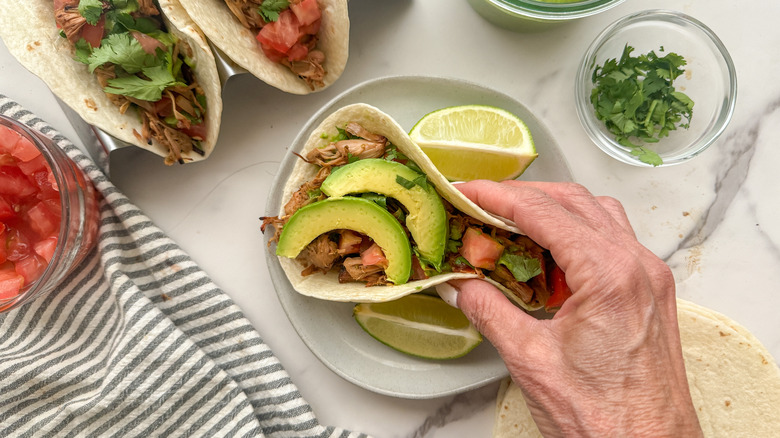 hand holding carnitas taco