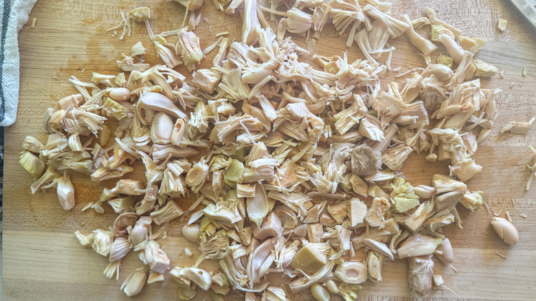 shredded jackfruit on cutting board