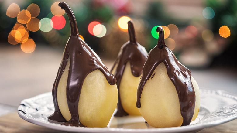 poached pears with chocolate glaze