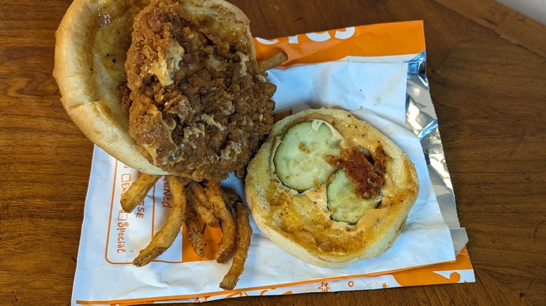 Popeye's chicken sandwich opened up