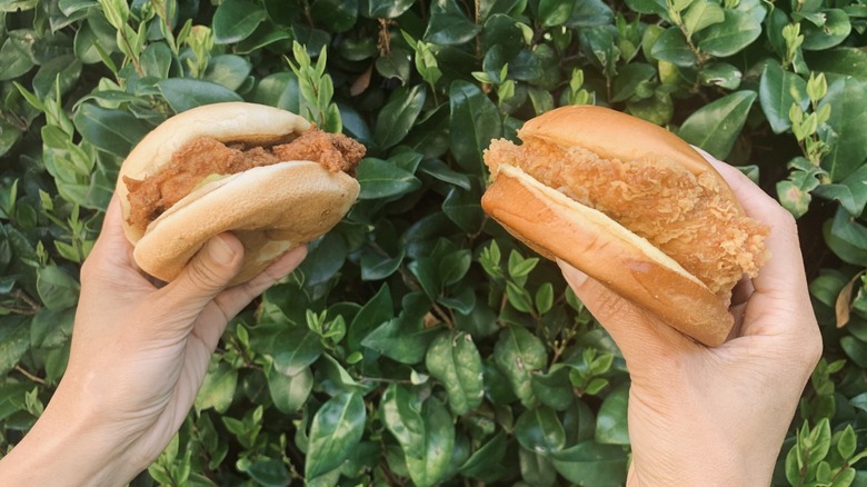 hands holding up Popeyes Classic Chicken Sandwich and Chick-fil-A Chicken Sandwich