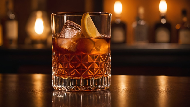 A sazerac cocktail in a dimly lit bar