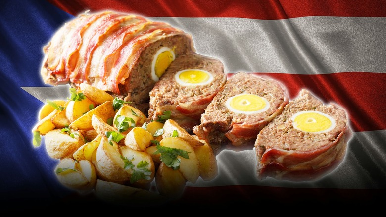 meatloaf with hardboiled eggs with potatoes on the side