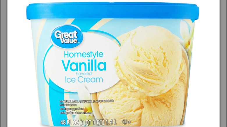 Container of Great Value Homestyle vanilla ice cream