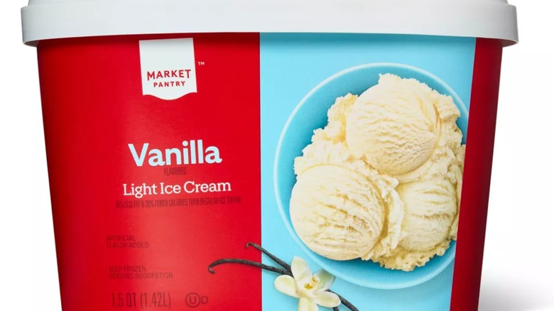 Container of Market Pantry vanilla light ice cream