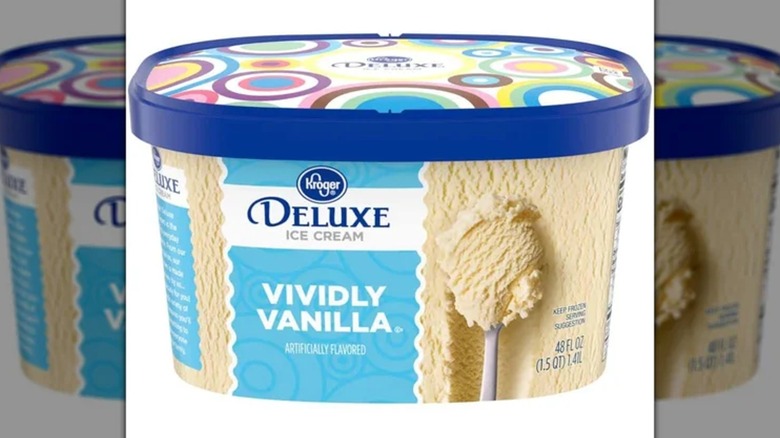 Container of Kroger vividly vanilla ice cream