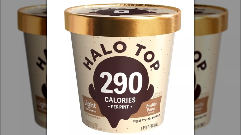 A container of halo top vanilla bean ice cream