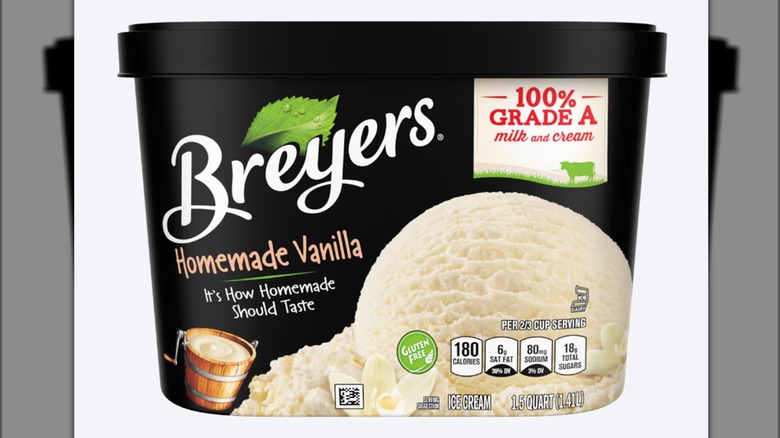 A container of Breyers homemade vanilla