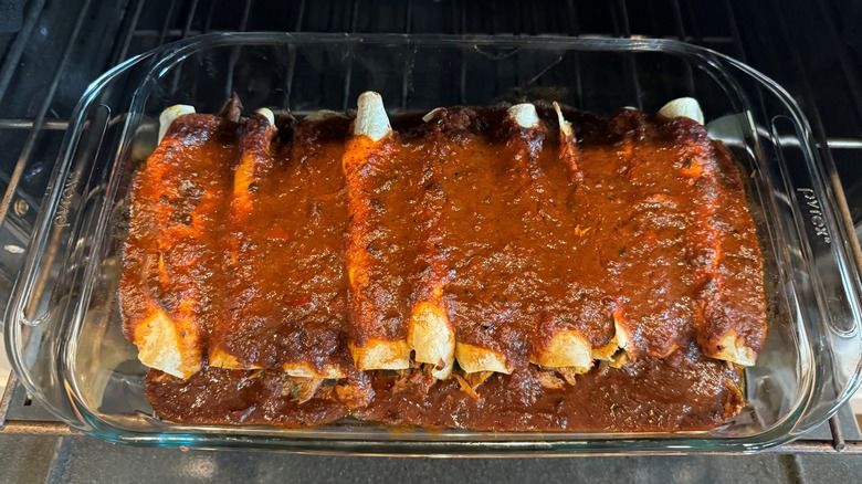 pan of enchiladas in oven