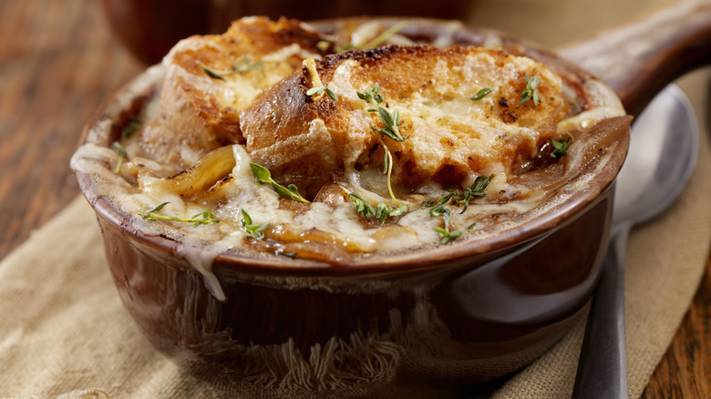 Crock of homemade French onion soup