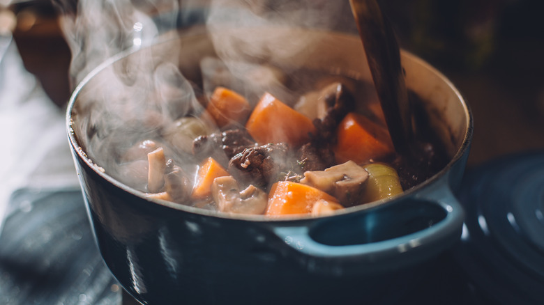 Steaming pot of homemade beef stew