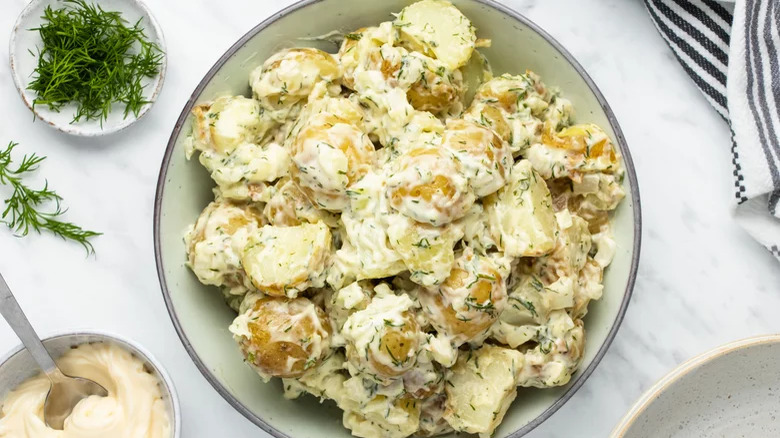 Creamy, chunky potato salad with dill