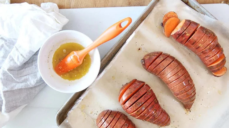 Cross-cut Hasselback sweet potatoes