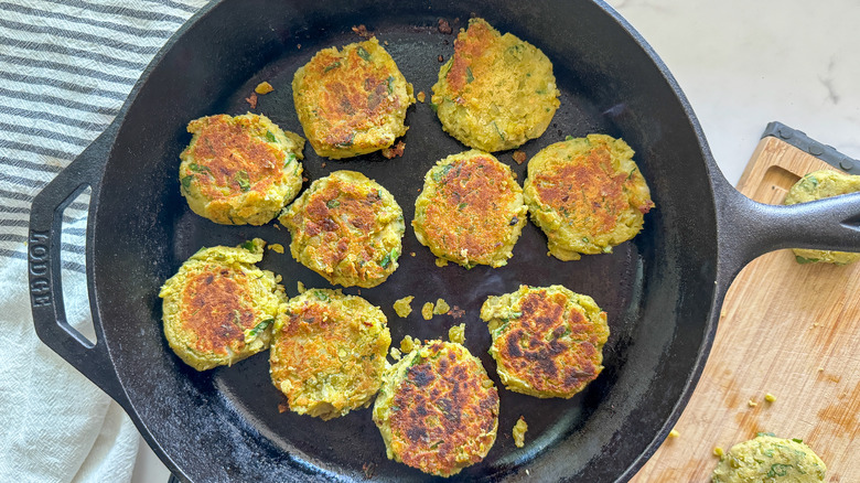 pea patties in cast iron pan