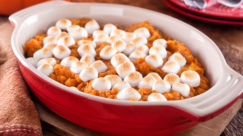 Homemade sweet potato casserole topped with marshmallows