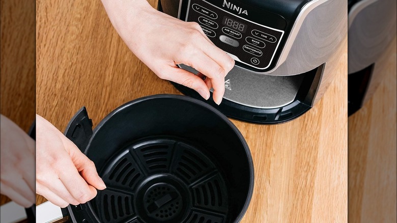 Hand holding Ninja air fryer tray 