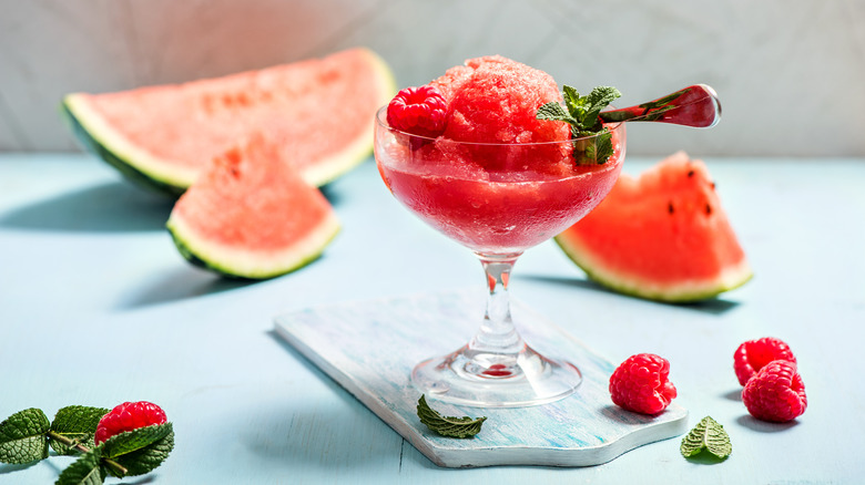 Melon granita in glass on tray