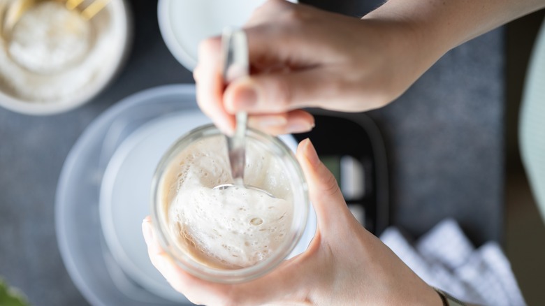 White hands stirring a jarred sourdough starter