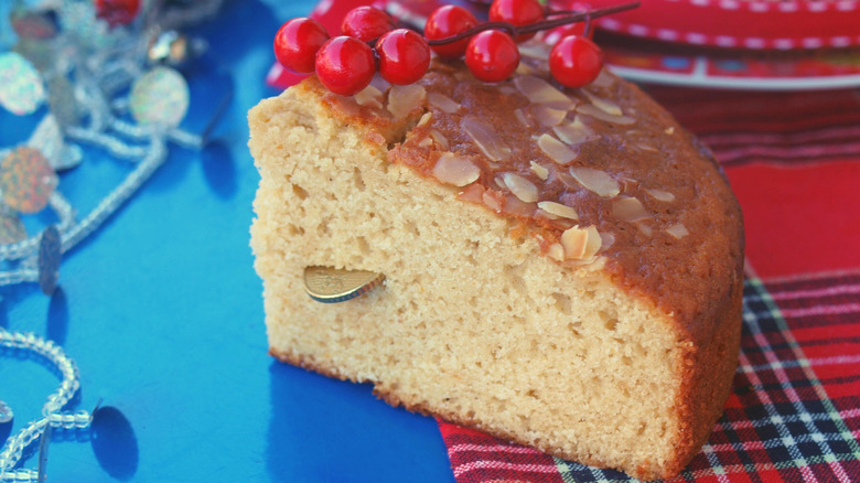 vasilopita slice with a coin