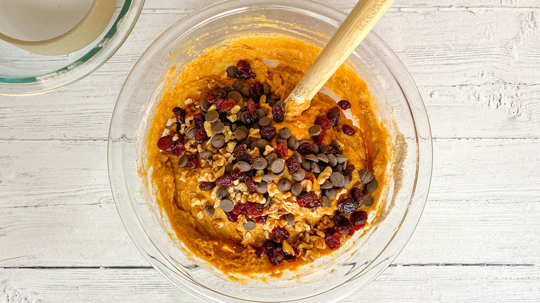 pumpkin banana bread mixture bowl