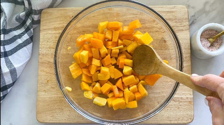 diced squash in glass bowl