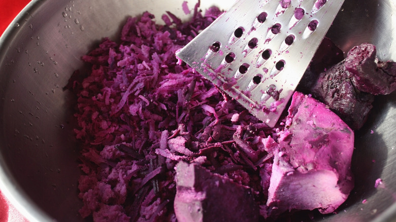 Grating cooked ube