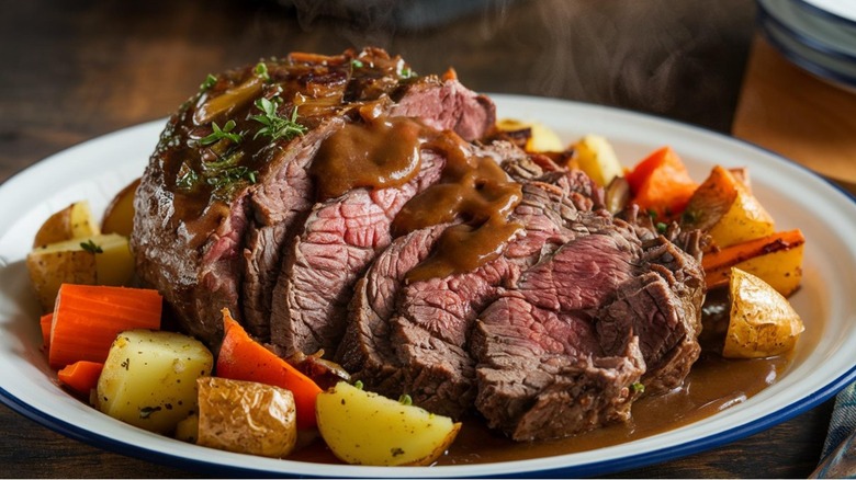 roast beef with gravy and vegetables