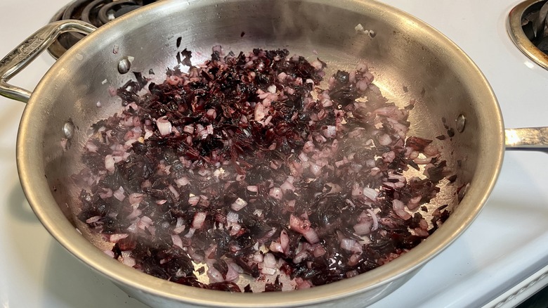 sauteeing onions and hibiscus