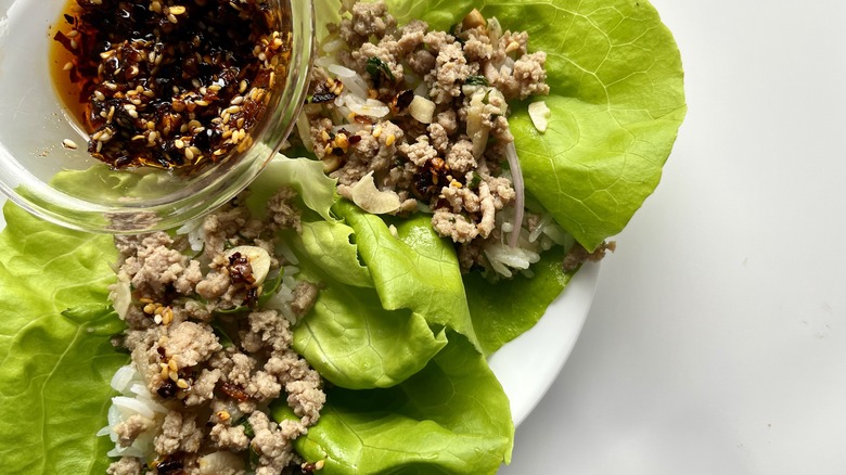 Chicken lettuce cups with chili crisp sauce