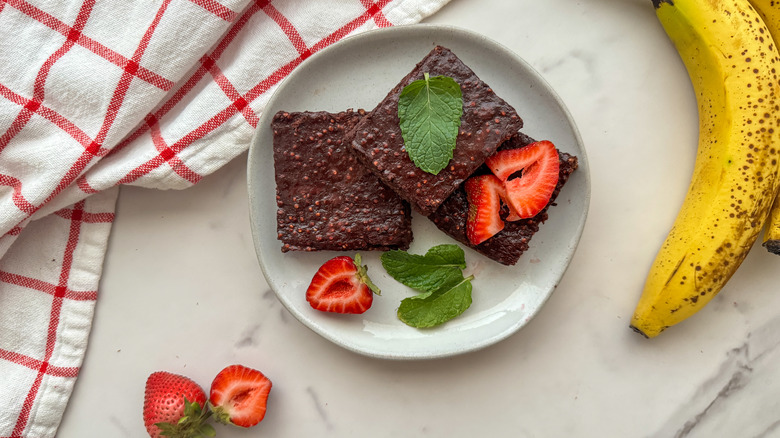 3 brownies on plate